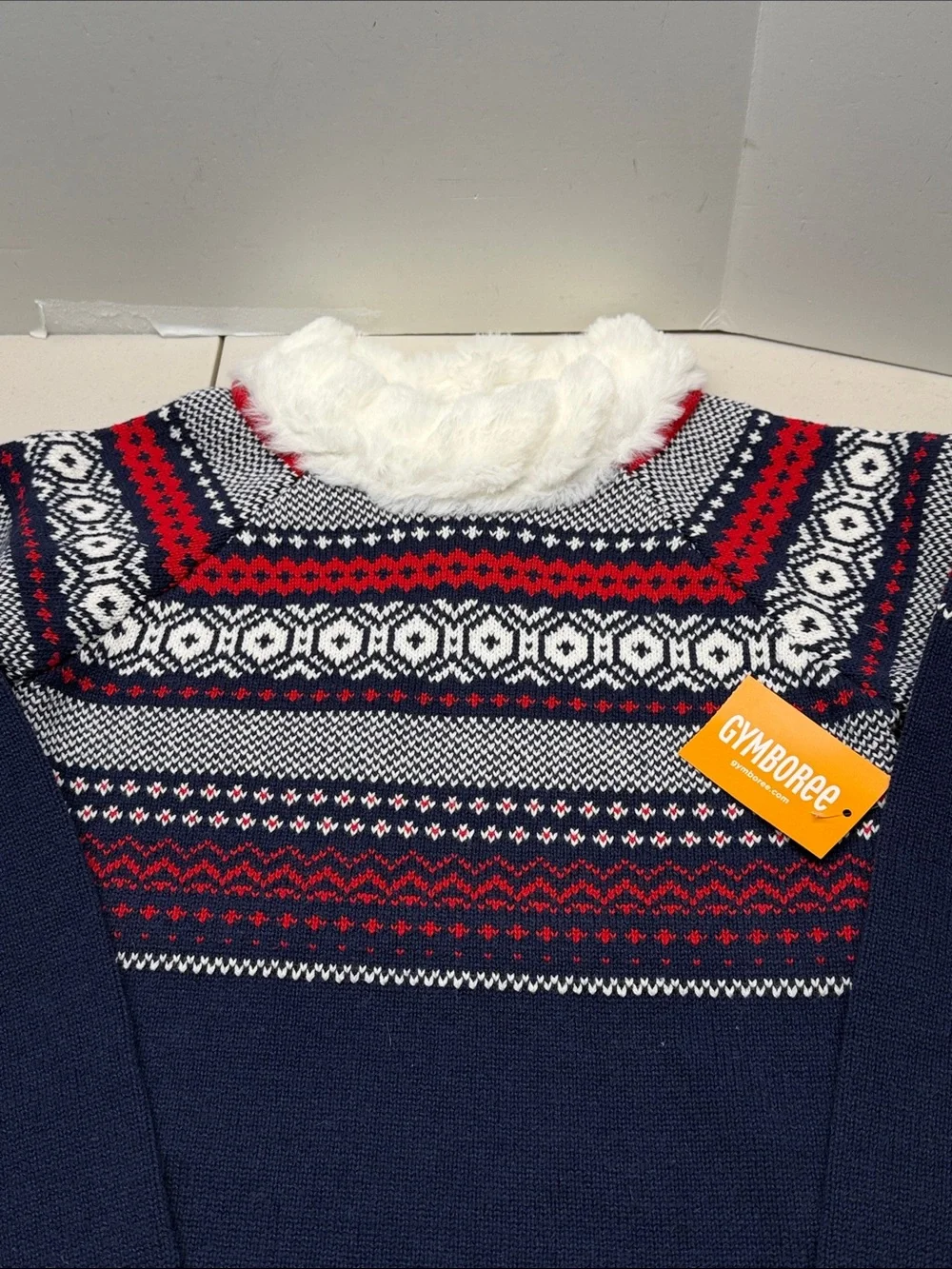 Gymboree Navy, Red & White Fair Isle Knit Dress with Faux Fur Collar